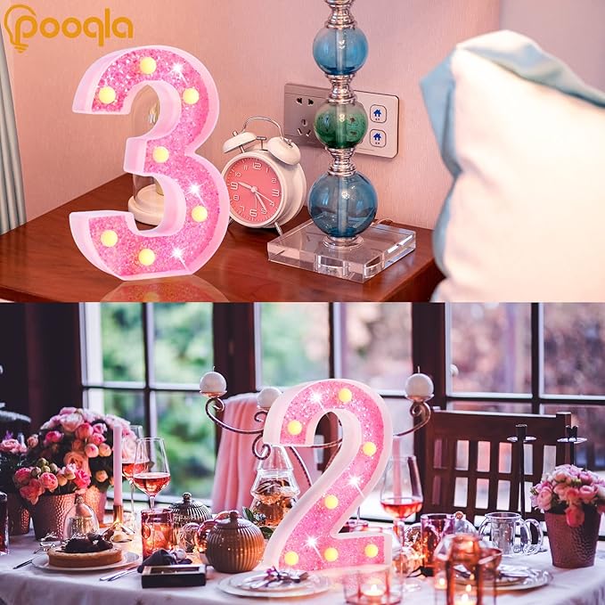 Pooqla Marquee Numbers Lights, Light Up Pink Numbers, Glitter Number Night Light Battery Powered Birthday Gift for Boys Girls Christmas Wedding Home Bar Party Decoration, Pink 0