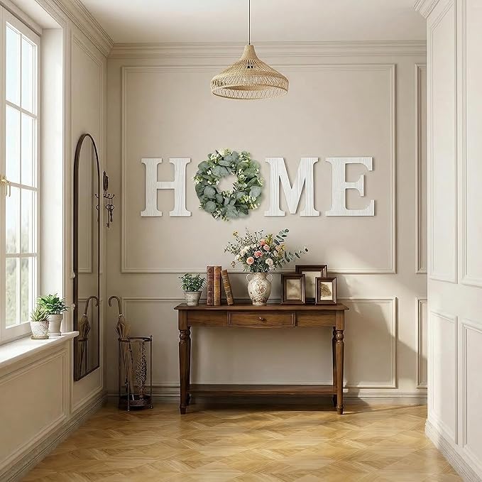 Wood Home Sign with Artificial Eucalyptus Wreath for O, Hanging Farmhouse Wall House Decor Wood Letters for Wall Art Rustic Home Decor, Wall Decor for Living Room Kitchen Entryway (White)
