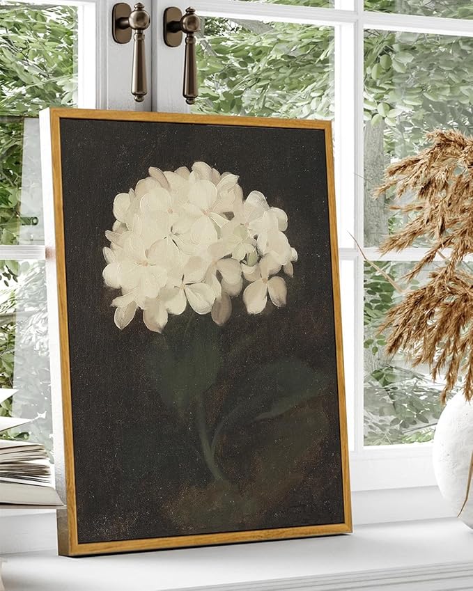 KBKBART Framed Wall Art Vintage Wall Art Room Decor, White Hydrangea Still Life Flower Canvas Oil Painting Prints, Classical Floral Wall Decor, Bedroom Bathroom Pictures Artwork（16“x24
