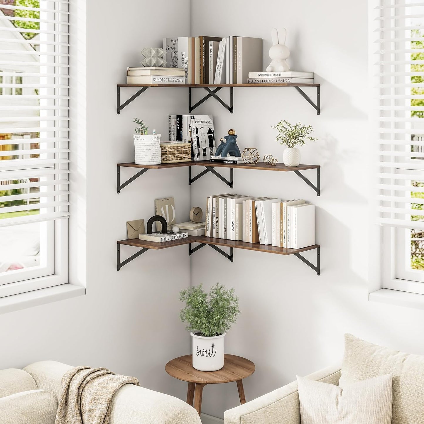Heimlove 24" W x 12" D Wall Shelves for Books, 12 Inch Deep Floating Shelves Set of 3, Wide Floating Bookshelf with Metal Bracket for Living Room, Kitchen, Office, Bedroom and Decor Storage - Walnut