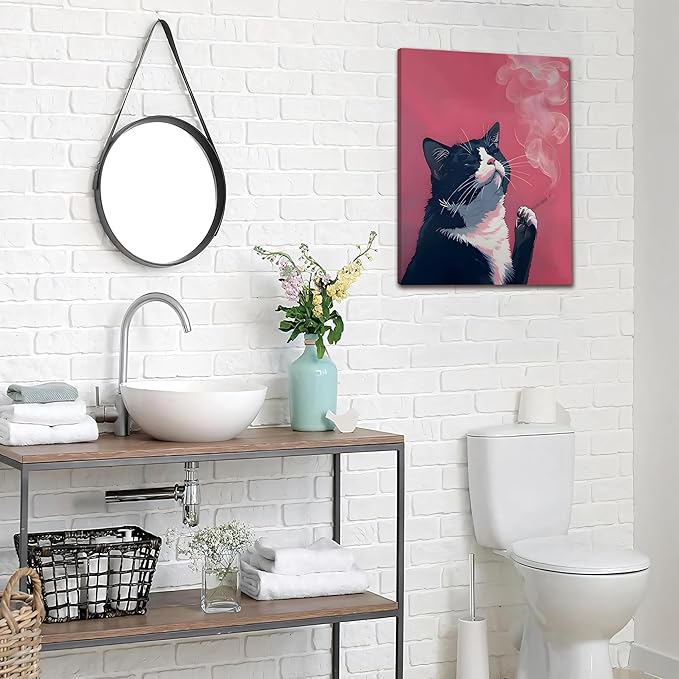Yaneiro Funny cat canvas wall art, bathroom wall decor Black Cat A 16x24 inch Wrapped Canvas