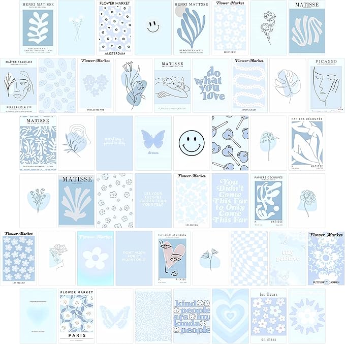Blue Room Decor Aesthetic, Blue Wall Collage Kit Posters for Room Aesthetic Posters Prints, Blue Aesthetic Dorm Room Decor for Teen Boys Girls (50pcs 4x6 inch)