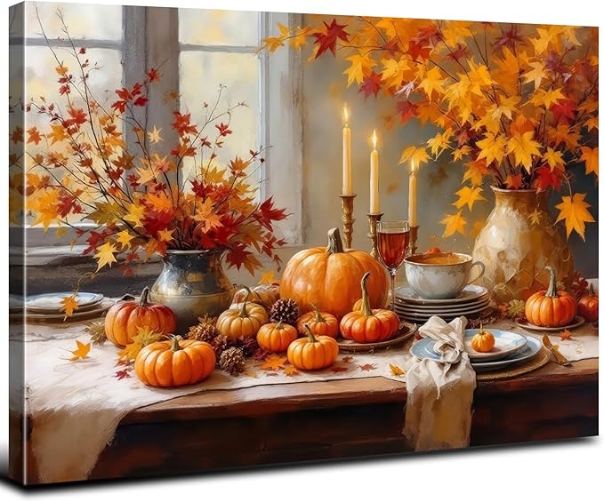 Farmhouse Kitchen Decor Pumpkin Wall Decor Maple Leaves Painting Orange Pumpkin Canvas Prints Rustic Fall Harvest Themed Pictures Still Life Artwork for Bedroom Dining Room Home Decoration 16x24"