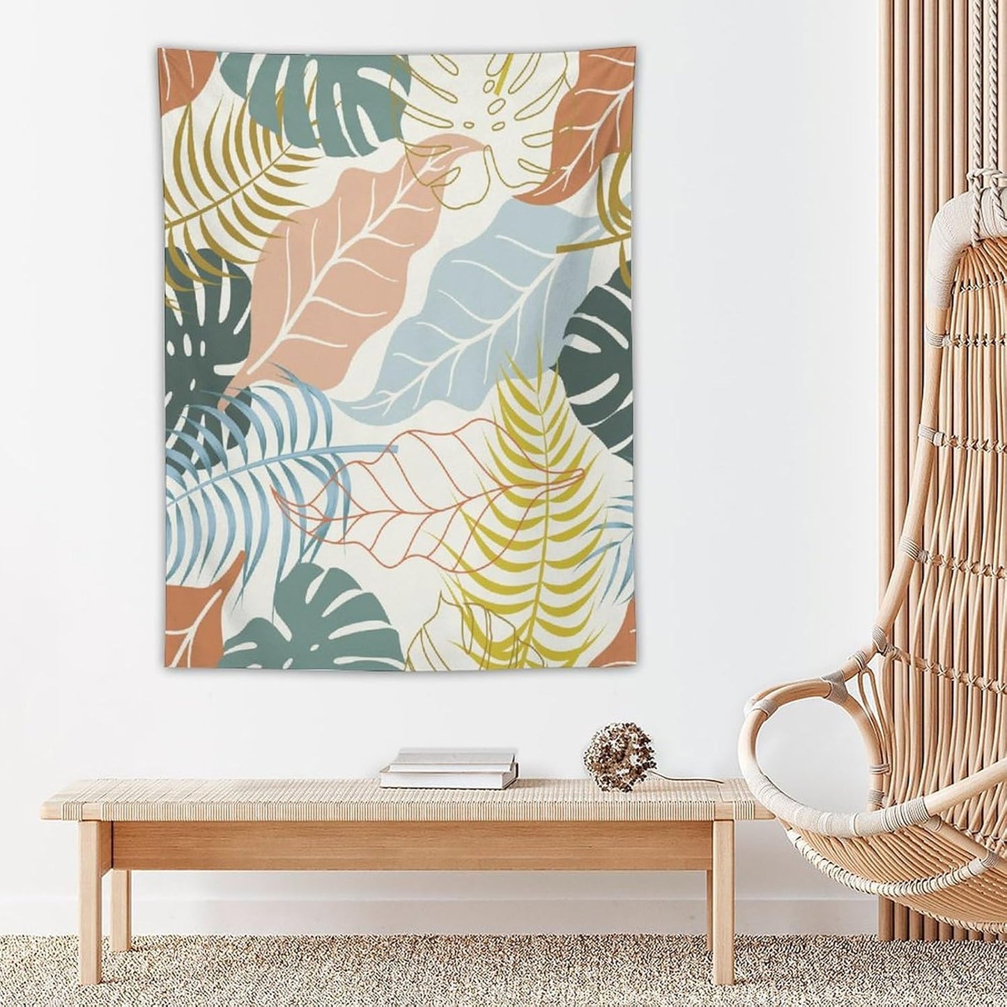 ICMOLYYENLO Boho Green Leaves Tapestry, Mid Century Abstract Tropical Palm Leaves Modern Minimalist Geometric Wall Hanging, Neutral Home Decor Art for Living Room Bedroom Dorm 50x60 Inch