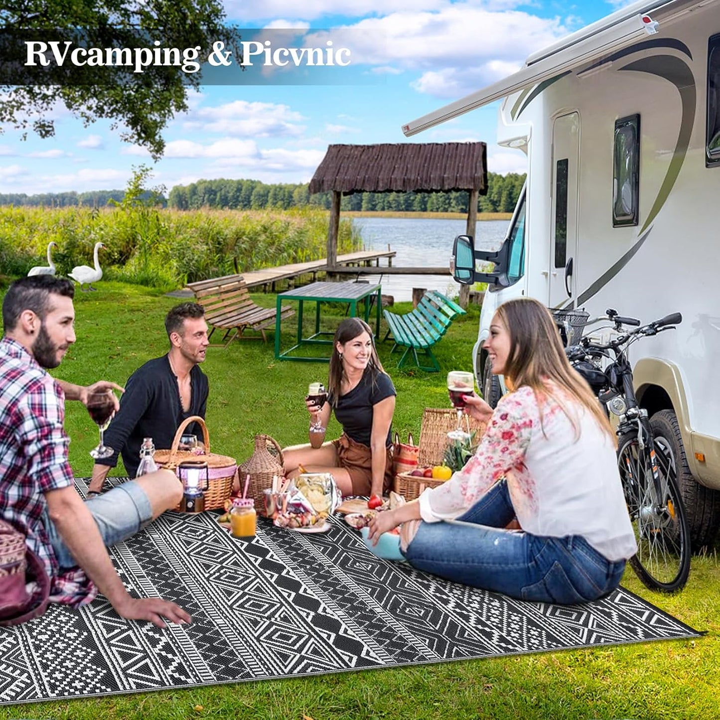 GAOMON Outdoor Plastic Straw Rug, 10'x14' Reversible Sage Green Patio Mat, Flower Modern Design for RV, Backyard, Deck, Camping, Picnic, Black/White(Bohemia)