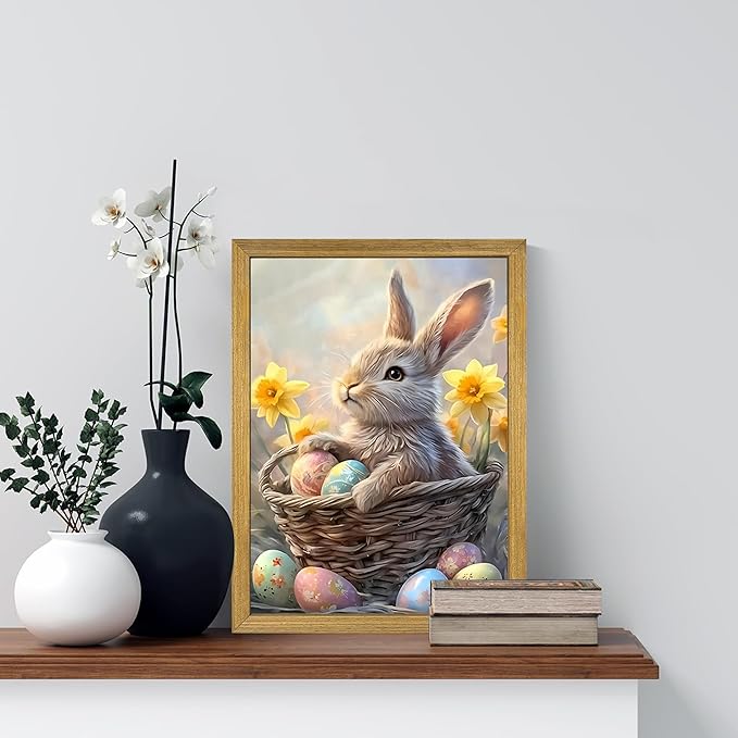 Easter Bunny Wall Art, Cute Rabbit Canvas Wall Decor Painting, Easter Eggs Poster Print Picture, Spring Farmhouse Animal Oil Painting for Living Room Bedroom Kitchen Holiday Home Decor 12x16 Inch Wood Framed