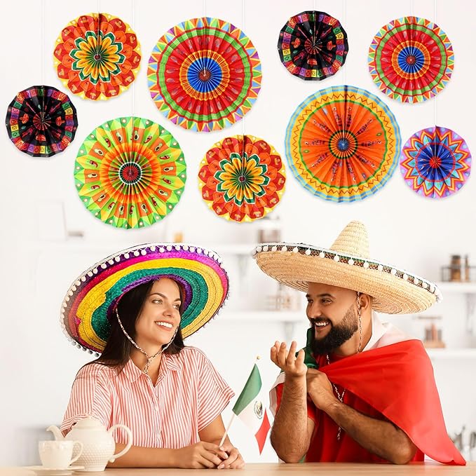 Outus 18 Pcs Mexican Fiesta Hanging Paper Fans Decorations Fiesta Party Supplies Cinco De Mayo Ceiling Wall Decor for Taco Tuesday Event Decor Luau Event Photo Props Carnival Supplies