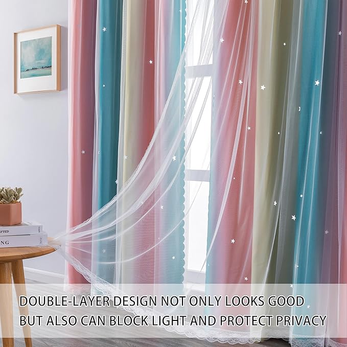XiDi Pink Blue Yellow Curtains for Girls Bedroom Decor Kids Blackout Curtains for Nursery Room Darkening Rainbow Princess Unicorn Wall Decals Little Girl 52x45 Inches Long 2 Panels Set