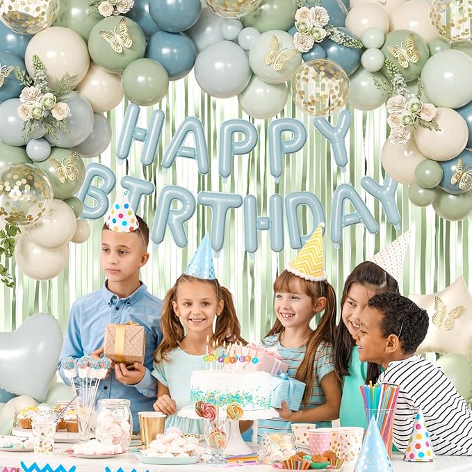 Blue and Green Birthday Decorations, Dusty blue Sage green Light Green Blue Sand White Gold Foil Confetti Balloons Happy birthday Banner Gold Butterfly Fringe Curtains for Birthday Party Decorations