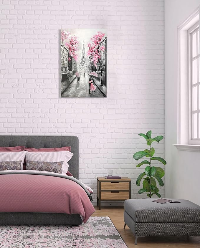 YPY Abstract Paris Canvas Wall Art: Black White Eiffel Tower Hand Painted Oil Painting, Pink and Grey Picture Print Room Decor for Teen Girls Bedroom Bathroom 16" x 24"