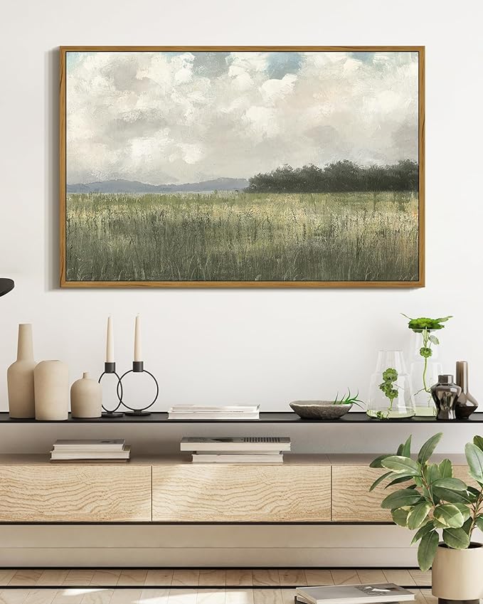 SHENIFY Vintage Landscape Framed Wall Art Country Meadow Scenery Farmhouse Decor Retro Painting for Living Room Bedroom Ready to Hang Wall Artwork - 16x24in Natural Framed