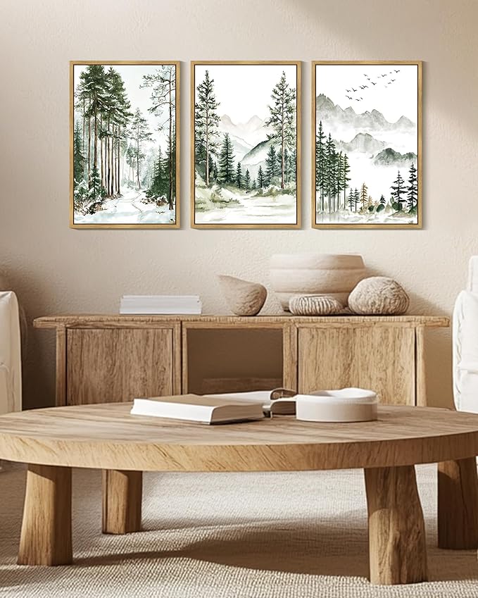 Drsoum Green Tree Forest Mountain Framed Wall Art Nature Landscape Prints Morden Wilderness Artwork Hallway Bedroom Ready to Hang 16x24in Natural Framed