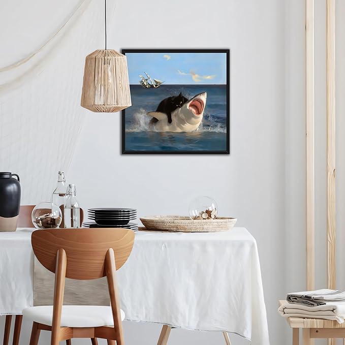 Floating Framed Black Cat Wall Art, Funny Quirky Cat and Shark Pictures Canvas Print, Abstract Black Cat Shark Posters Wall Decor for Room Bedroom Living Room Bathroom Aesthetic 20x20 inch