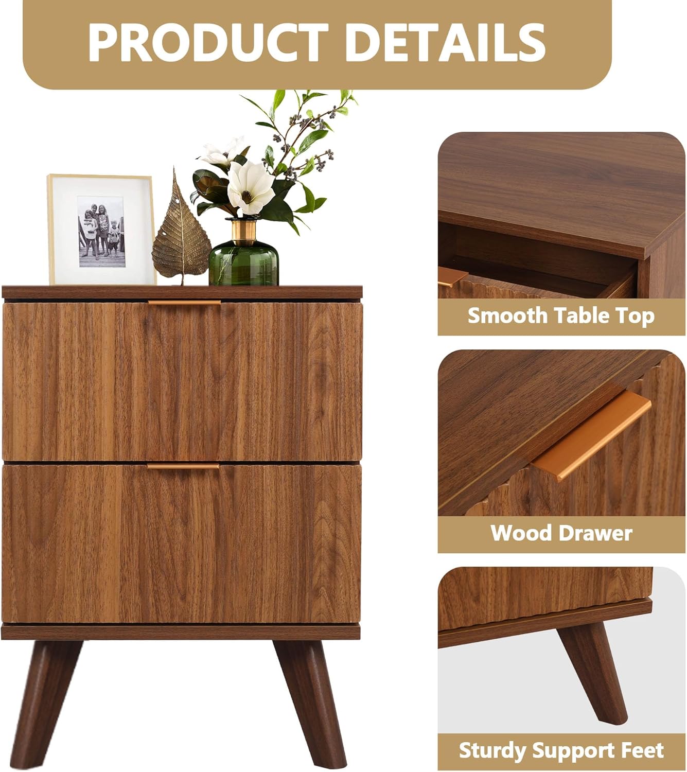 Fluted Nightstand, Mid Century Modern 2 Drawer Bedside Table for Bedroom, Small Dresser Night Stand Side End Table with Wood Fluted Drawer Storage for Bedroom Closet(Walnut)