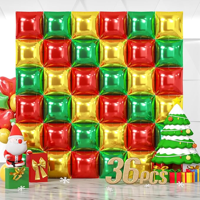NISOCY 36PCS Red Green Gold Square Foil Balloons Wall Backdrop Double Sided Red Green Gold Balloons Arch Kit for Birthday Christmas New Year’s Graduation Anniversary Wedding Party Decorations