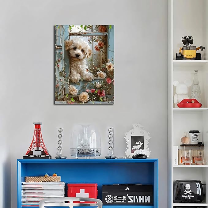 Framed Poodle Canvas Wall Art, Funny Teddy Dog Poster Print, Abstract Dog Standing Among Flowers Painting Wall Decor for Dormitory Restroom Bedroom Kids Room Decor 12x16 inch