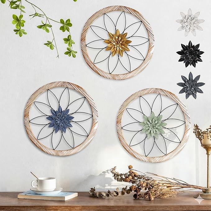 Paquesta 3 Piece Round Farmhouse Wall Decor with 6 Piece Interchangeable Flowers 15.75'' Medallion Wood & Metal Rustic Wall Art for Living Room Bedroom Kitchen Bathroom Dining Room Home Decorations (large black wheel)