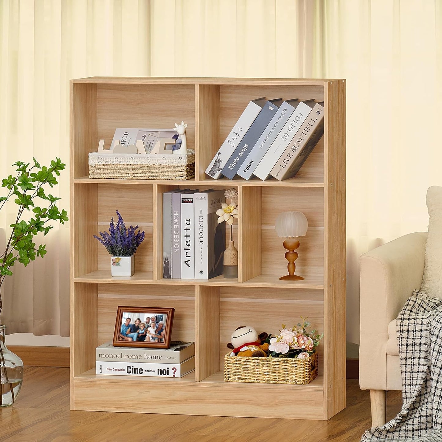 LEYAOYAO 7 Cube Bookshelf with Wood Base,Natural 3 Tier Mid-Century Modern Bookcase,Standing Wide Bookshelves Storage Organizer Shelf,Rustic Display Cabinet Book Shelves for Bedroom,Living Room