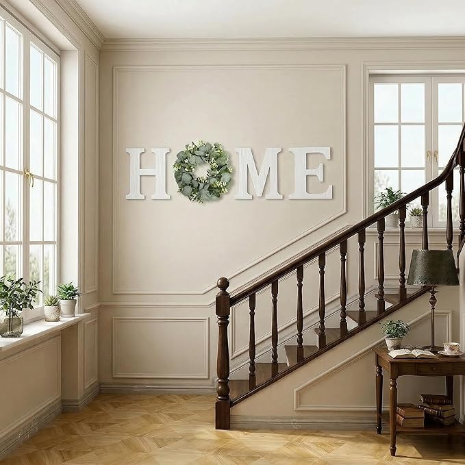Wood Home Sign with Artificial Eucalyptus Wreath for O, Hanging Farmhouse Wall House Decor Wood Letters for Wall Art Rustic Home Decor, Wall Decor for Living Room Kitchen Entryway (White)