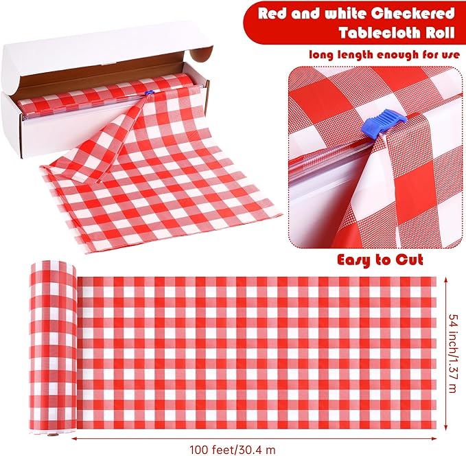 Kochorie 54 Inch x 100 Ft Red Checkered Plastic Table Cloth Roll Disposable Waterproof Table Cover Plastic Table Cover Roll with Easy Slide Cutter for Outdoor Picnic/Home Dining/Summer Party