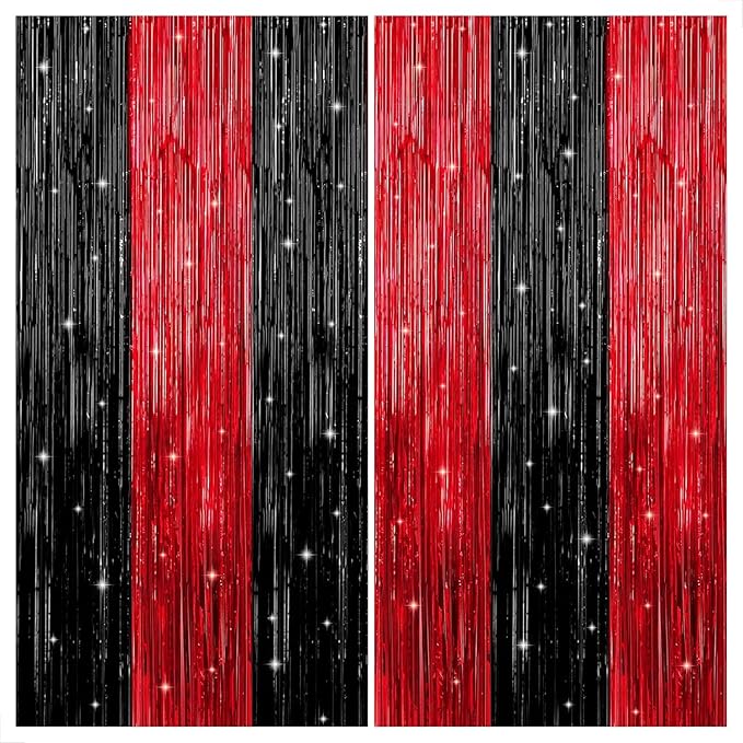 KatchOn Red and Black Fringe Curtain - 6.4x8 Ft Pack of 2 | Red and Black Streamers for Casino Theme Party Decorations | Foil Fringe for Anniversary, Bachelorette | Graduation Decorations 2026