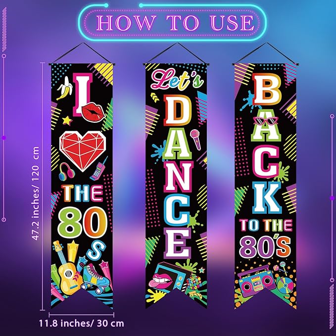 3 Pieces 80's Party Decorations Back to The 1980 Banners I Love 80s Porch Signs Hanging Backdrops for Home Bar Retro Theme Hip Hop Rock Disco Birthday Party Door Wall Decor Supplies