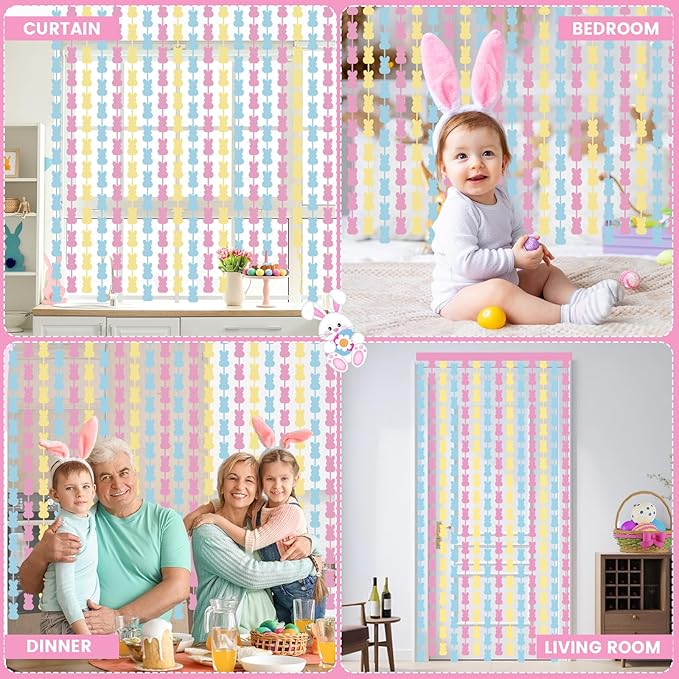 Easter Decorations Foil Fringe Curtains: 2 Pack 3.3 X 6.6 ft Pink Yellow Blue Bunny Rabbit Tinsel Backdrop Photo Booth Prop Streamers for Wedding Anniversary Birthday Easter Party Decor
