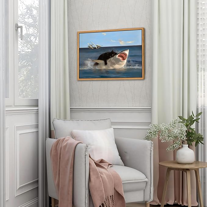 Floating Framed Black Cat Wall Art, Funny Quirky Cat and Shark Pictures Canvas Print, Abstract Black Cat Shark Posters Wall Decor for Room Bedroom Living Room Bathroom Aesthetic 12x16 inch