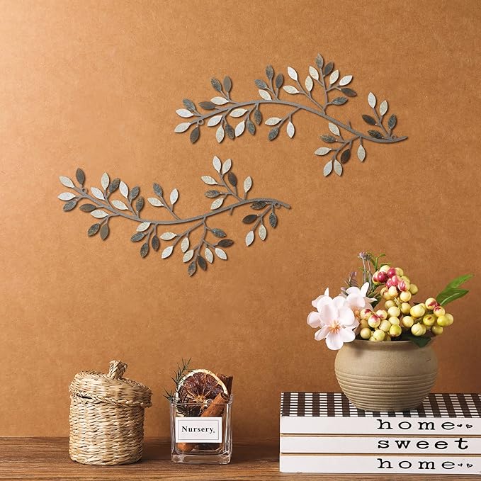 Hotop 2 Pieces Metal Tree Leaf Wall Decor Vine Olive Branch Leaf Wall Art Wrought Iron Scroll Sculptures Above the Bed, Living Room, Outdoor Decoration(Classic Style,Retro Color)