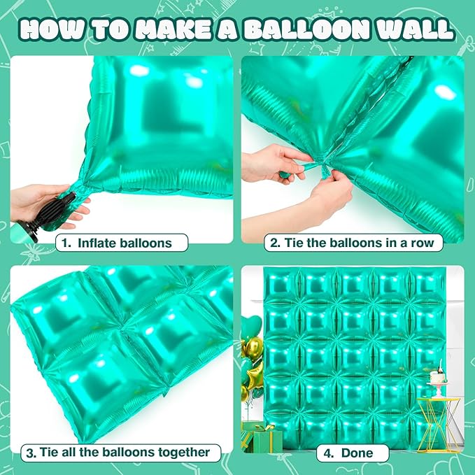 NISOCY 25PCS Teal Blue Square Foil Balloons Wall Backdrop Double Sided Teal Blue Balloon Tunnel Arch Kit for Birthday Baby Shower Wedding Graduation Anniversary Party Decorations
