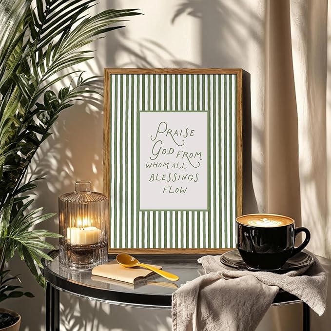 Framed Christian Wall Art, Praise God From Whom All Blessings Flow Scripture Pictures Wall Decor, Sage Green Striped Bible Verse Paintings Canvas Prints Religious Home Decor for Living Room 12x16 inch