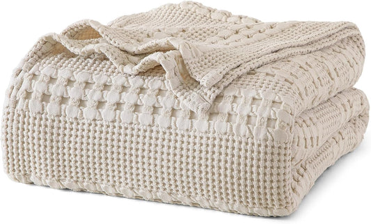 PHF 100% Cotton Waffle Weave Blanket Queen Size, Soft Lightweight Breathable Cozy Summer Blankets for Bed, Luxury Aesthetic Woven Bedding for Home Decor, 90"x90", Oatmeal