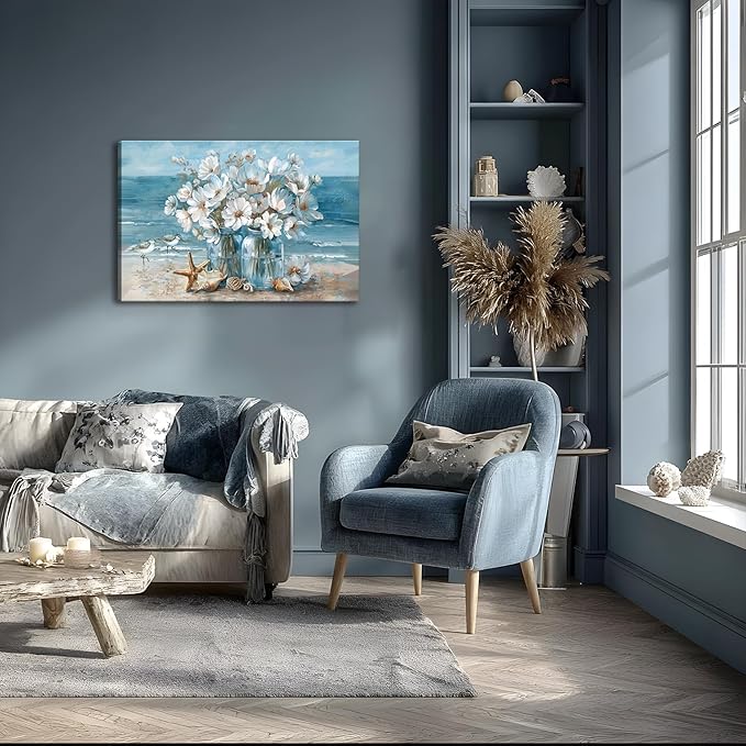 Blue Coastal Beach Bathroom Wall Art Seaside Seashell Starfish Painting Print Mason Jar White Daisies Canvas Picture Wall Decor Seascape Theme Flower Print Artwork for Living Room Bedroom 16x24"