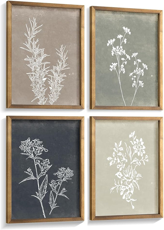 Liswit Framed Boho Wall Art Set of 4 for Wooded Minimalist Botanical Print Wall Art for Rustic Vintage Farmhouse Home Kitchen Wall Decor (Brown, 12x16)