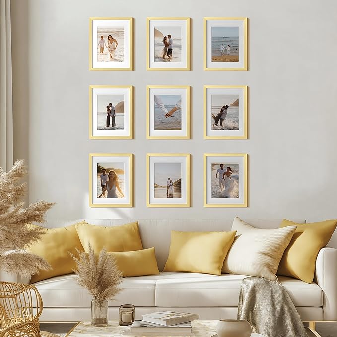 eletecpro 11x14 Picture Frames Set of 9 Modern Gallery Wall Frame Set, Displays 8x10 Photos with Mat or 11x14 No Mat, Gold Picture Frames Collage Wall Decor for Home Decor