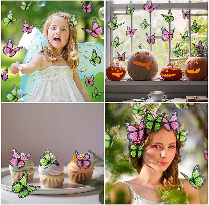 Chuangdi 48 Pcs Pink Monarch Butterfly Decorations 3 Size Fake Butterflies Realistic Butterfly Craft Artificial Mariposas Wall Decor for Craft Wedding Home Birthday Party (Green,3.2inch,4inch,4.7inch)