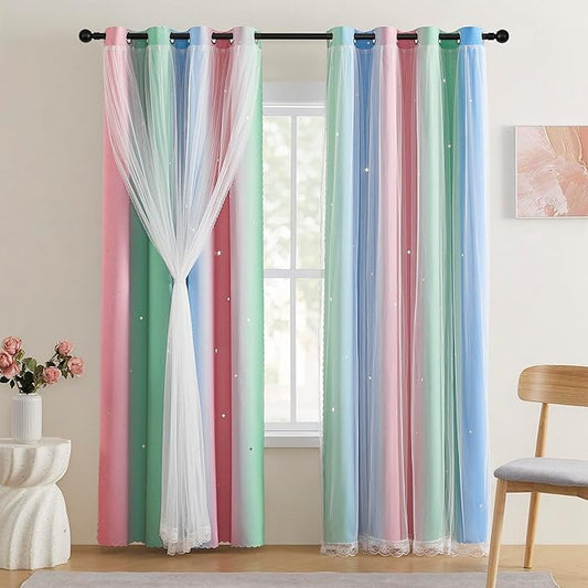 XiDi Pink & Rainbow Curtains for Kids & Girl Rooms - Blackout, Unicorn Wall Decals, 52x84 Inch