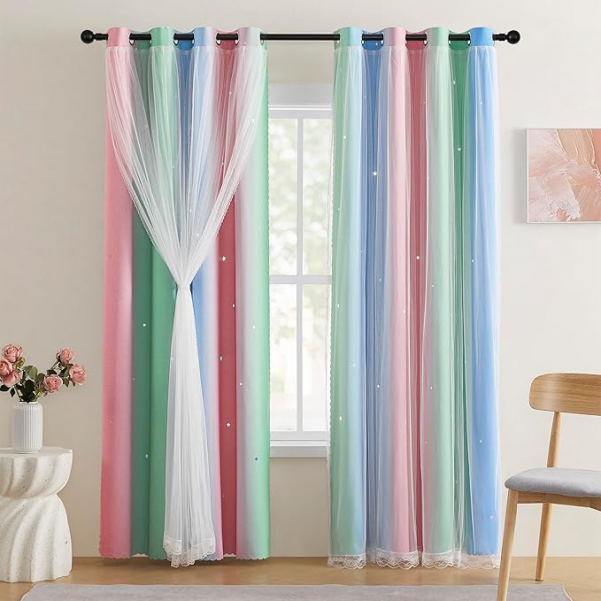 XiDi Pink & Rainbow Curtains for Kids & Girl Rooms - Blackout, Unicorn Wall Decals, Blue & Green, 34x84 Inch