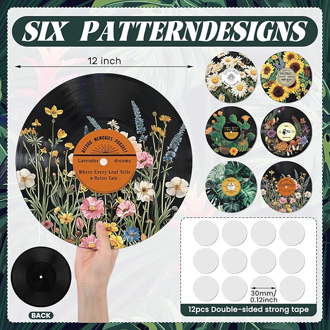 Chunful 6 Pake 12 Inch Vintage Records Wall Decor Aesthetic Retro Record Wall Decor for Dorm Bedroom Living Room Art Display Rock and Roll Music Hippie Party Records Decorations(Botanical)