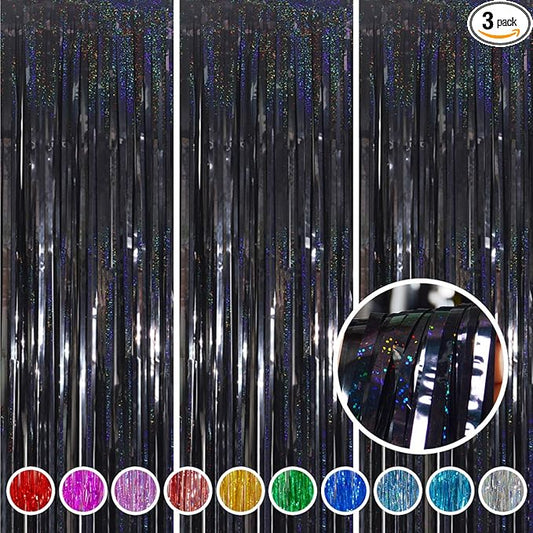 Foil Fringe Curtains Black Backdrop Party Decorations - Melsan 3 Pack 3.2 x 8.2 ft Black Tinsel Curtain Photo Backdrop for Birthday Decorations Retirement Party Decorations Black