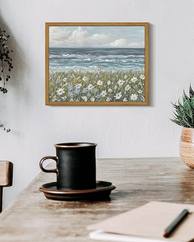SHENIFY Vintage Landscape Framed Wall Art Sea Coastal Wildflower Field Scenery Farmhouse Decor Retro Painting for Living Room Bedroom Ready to Hang Wall Artwork - 8x10in Natural Framed