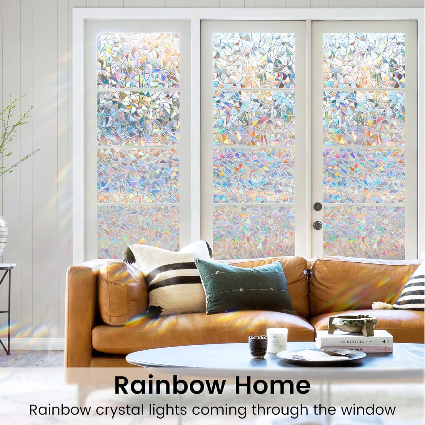 DOWELL Window Privacy Film, Rainbow Window Film, Decorative Stained Glass Clings, Static Cling Door Sticker, Non-Adhesive 3D Decals for Home UV Protection, 35.4 x 78.5 inches