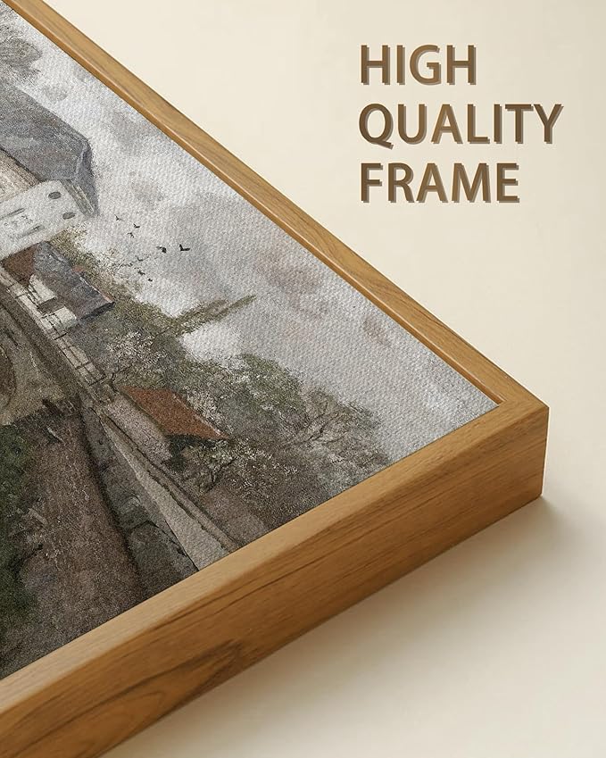 SHENIFY Vintage Framed Wall Art French Town Country Landscape Painting Retro Countryside River Scenery Farmhouse Kitchen Living Room Decor - 8x16in Natural Framed