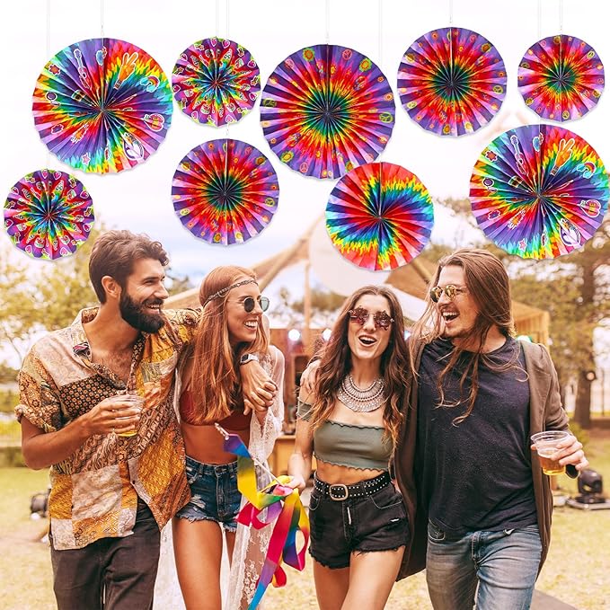 Outus Tie Dye Party Supplies Groovy Hippie Hanging Paper Fans Classroom Decoration 60s Party Ceiling Wall Decor Fans Peace and Love Sign for Carnival Hippie Groovy Theme Birthday Ceiling(9 Pcs)