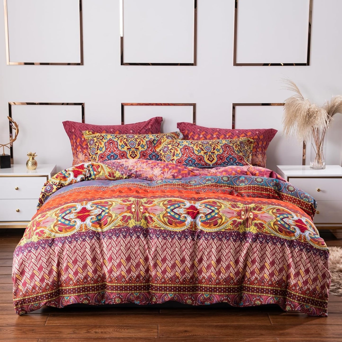 ABREEZE Bohemian Duvet Cover Set Colorful Orange Boho Retro Bedding Set Damask Paisley Cotton Duvet Cover Tribal Reversible Bedding Exotic Style Comforter Cover 3-Piece Cal.King