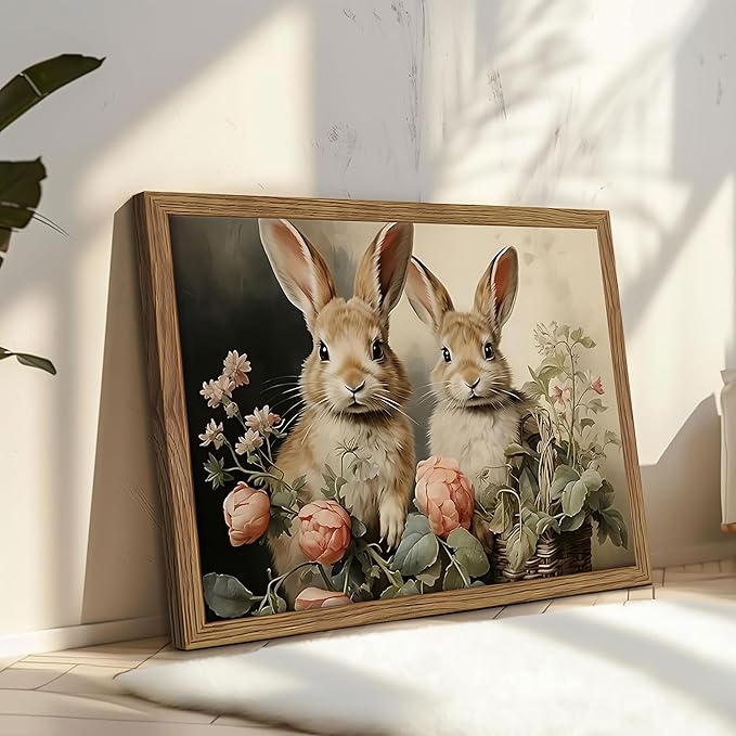Framed Easter Bunny Wall Art, Two Adorable Rabbits with Flower Basket Picture Prints, Rustic Farmhouse Canvas Artwork, Vintage Holiday Wall Decor for Kids Room Girls Bedroom Living Room 12x16in