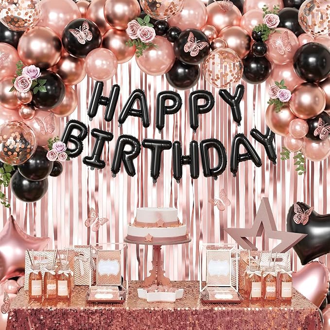 Rose Gold and Black Birthday Decorations for Women Girls, Pearl Metallic Rose Gold Black Foil Confetti Balloons Happy birthday Banner Gold Butterfly Fringe Curtains for Birthday Party Women Girls