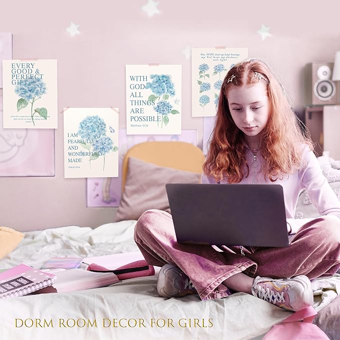 LARTSFRO Hydrangea Floral Bible Wall Art Decor Posters, Blue Floral Spring Christian Room Bathroom Bedroom Dorm Wall Art Decor Aesthetic for College Teen Girls Gifts, Inspirational Bible Verses Wall Decor, 10x8 Inch Set of 4 Pcs Hydrangea Pictures (UNF...