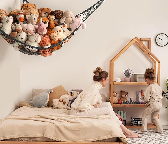 Stuffed Animal Storage Hammock Net Corner - Large Toy Hammock Net for Stuffed Animals Room Decor - Cute Stuff Animal Organizer Holder for Plush Plushie - Kids Baby Nursery Wall Bedroom Home Decor