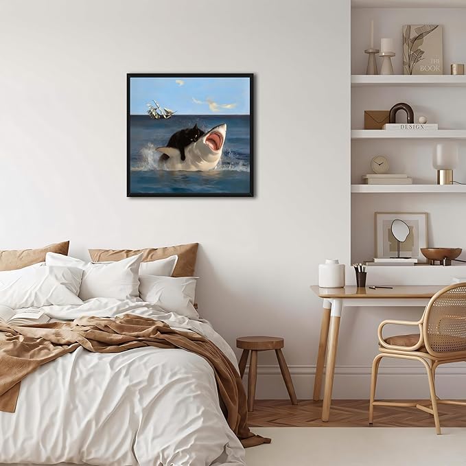 Floating Framed Black Cat Wall Art, Funny Quirky Cat and Shark Pictures Canvas Print, Abstract Black Cat Shark Posters Wall Decor for Room Bedroom Living Room Bathroom Aesthetic 20x20 inch